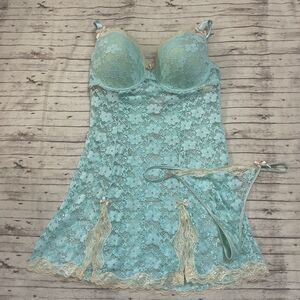 Native Intimates Blue Sheer Bow Nightgown Built in Bra 40D Lace Skirt Peek A Boo